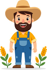 Smiling Farmer Man Wearing Hat Overalls With Wheat Plants