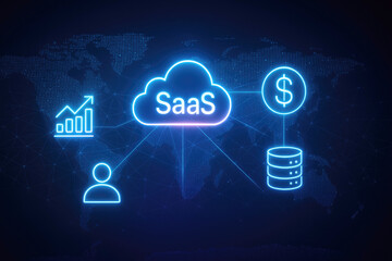 SaaS cloud concept with financial and user icons on a world map background SaaS software as a service