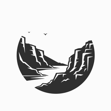 Majestic canyon view with soaring birds rendered in vector silhouette