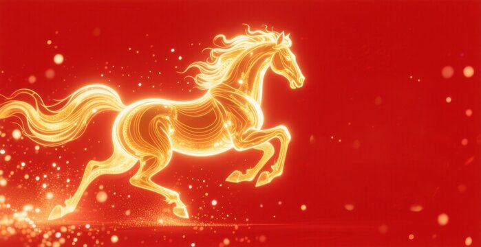 Golden horse on red background - Powered by Adobe
