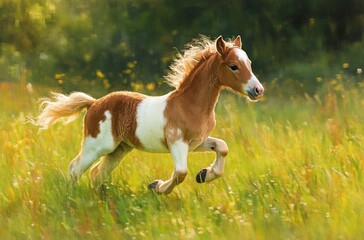 Young brown and white foal running joyfully through a sunlit green meadow with wildflowers in the background