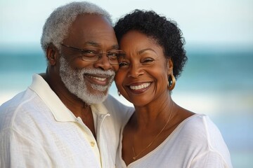 Obraz premium Smiling elderly couple embracing outdoors with a soft blurred ocean background, radiating warmth and happiness