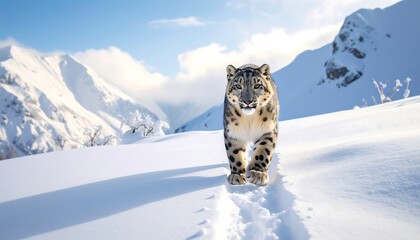 Snow leopard in snowy mountains