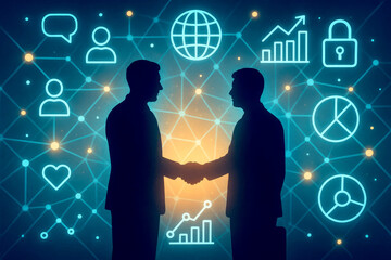 Silhouetted Businessmen Shaking Hands Amidst Digital Network and Icons handshake agreement
