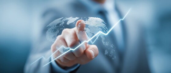 A business professional points at a digital world map with an upward trend line, symbolizing growth and technology in the global market.
