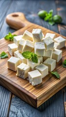 Detailed Close-up of Fresh Feta Cheese Cubes on a Wooden Cutting Board