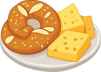 Traditional Bavarian pretzel served with cheese on a plate, symbol of Oktoberfest food culture. Perfect for themes of German cuisine, snacks, bakery, dairy, and festive celebrations