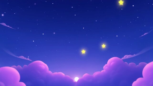 Dreamy starry night sky with purple clouds 2D cartoon animation. LoFi cozy vibes. Twinkling stars in moonless midnight skyscape animated flat backdrop 4K background scene storytelling