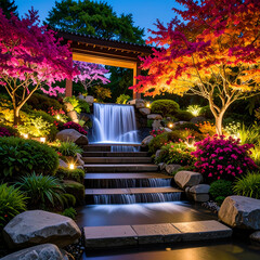 Colorful illuminated garden waterfall