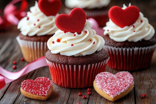 Chocolate cupcakes with white frosting topped with red heart decorations and red sprinkles surrounded by heart-shaped sugar cookies on a rustic wooden surface, evoking a romantic and festive mood