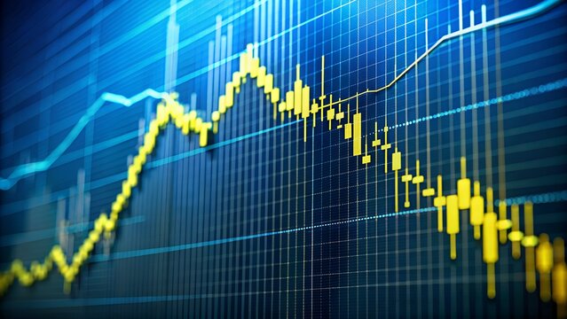Closeup view of a financial stock market graph displaying a volatile upward and downward trend with candlestick patterns and a clear grid, symbolizing economic fluctuations and investment performance