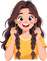 Happy Girl Holding Braids Smiling Cheerful Youth Portrait