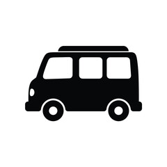 Simple black silhouette icon of a classic minivan or passenger van with windows and wheels on a white background