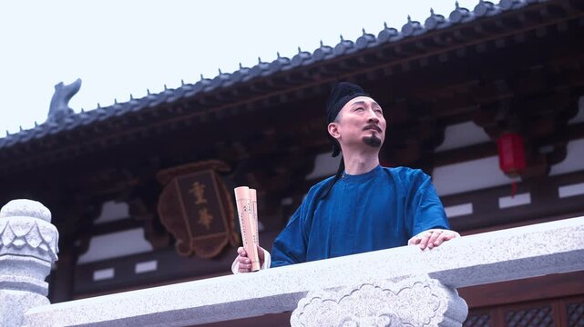 A middle-aged man in blue traditional robe holding a scroll and gazing upward on an ancient Chinese architectural veranda