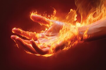 Fototapeta premium human hand engulfed in bright orange and yellow flames against a dark red background conveying intensity and power