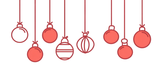 Red Christmas Ornaments Hanging on Strings on Transparent Background