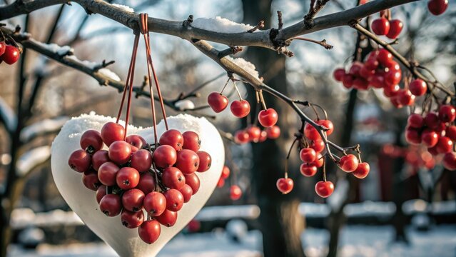 Tree branch with red berries and heart on it in snowy day on the blurred snowy park background
