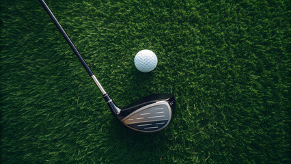 Overhead shot of a golf club and ball resting on a vibrant green artificial turf surface outdoors