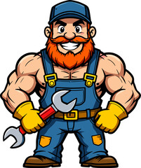 Muscular Male Mechanic Red Beard Holding Wrench Automotive Repair