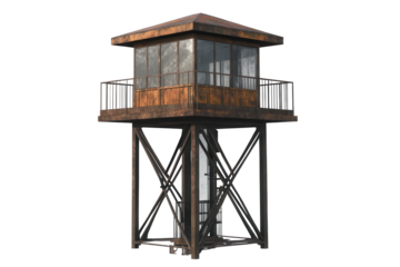 Elevated lookout tower observation post in a natural setting, showcasing rugged design and panoramic views of surrounding landscape during daylight hours