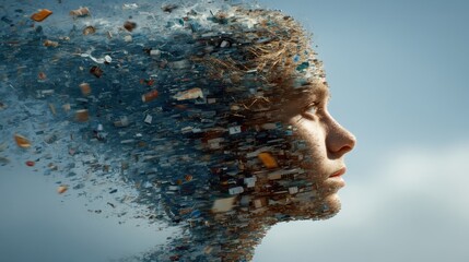 A surreal image depicting a human face dissolving into fragments, symbolizing the impact of digital clutter and environmental waste.