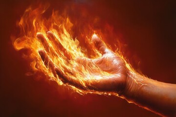 Realistic human hand engulfed in bright, dynamic flames with intense orange and yellow fire against dark background conveying power and energy
