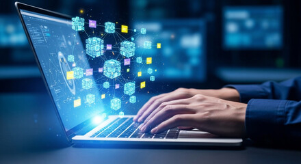 Hands typing on laptop with digital network overlay and blurred screens in the background scene