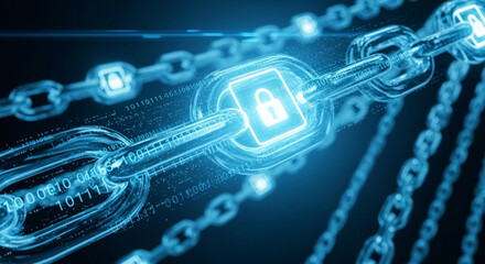 Digital blockchain security concept with glowing chain links and padlock icon in blue light