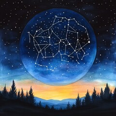 Fototapeta premium Constellation Over Forest Watercolor Night Sky Art, Astrology , Galaxy