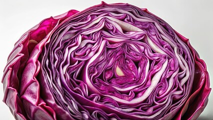 Obraz premium Thinly sliced red cabbage with vibrant purple layers exposed