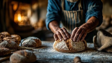 A rustic scene of a baker shaping dough, surrounded by freshly baked loaves, highlighting the art of traditional bread-making.