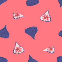 Modern art minimalist style seamless pattern with purple figs halves and slices. Perfect for banner, textile, fabric, paper, label, sale. Hand drawn vector illustration.