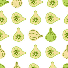Minimalist doodle style green figs seamless pattern. Perfect for banner, textile, fabric, paper, label, sale. Hand drawn vector illustration.
