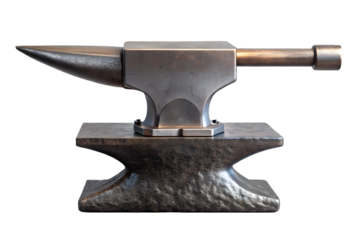 Cast iron anvil with forging hammer and blacksmith tongs 3d rendering isolated on transparent background
