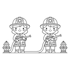 Vector illustration of two cute cartoon firefighter girls holding a hose