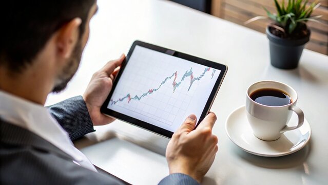 A man wearing a suit holds a tablet computer displaying a financial chart, with a cup of coffee on the side, illustrating business analysis and remote work