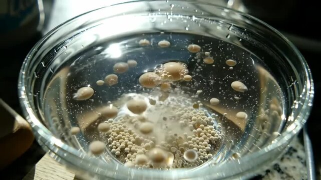 Microscopic organisms floating in a clear liquid within glassware