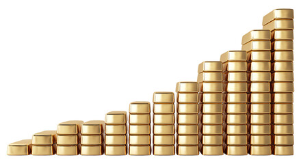 Gold bars with shiny surface are sacked on transparent background, arranged in increasing size, symbolizing growth, wealth, and investment opportunities in personal finance and economic success PNG
