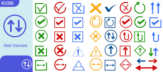 Colorful check and cross icons set with tick mark, wrong sign, warning symbols, arrows, navigation buttons, approval, cancel, alert, direction, minimal outline, vector design illustration collection