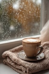 Coffee in a beautiful cup, autumn background, hot drink, aesthetic, instagrammable, beautiful autumn photo. For social media posts