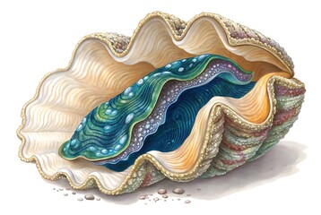 Detailed illustration of a giant clam shell with iridescent mantle