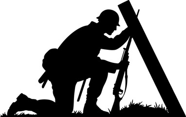 Fototapeta premium Soldier Kneeling in Silhouette with Rifle by Wooden Post