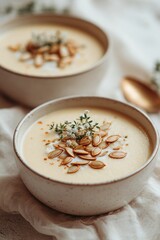 Pumpkin cream soup, autumn background, autumn seasonal food, aesthetic, instagrammable, beautiful autumn photo. For social media posts