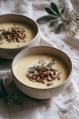 Fototapeta premium Pumpkin cream soup, autumn background, autumn seasonal food, aesthetic, instagrammable, beautiful autumn photo. For social media posts
