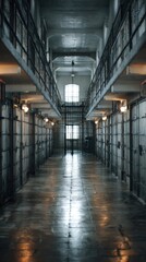 Fototapeta premium Exploring an empty prison corridor at dusk