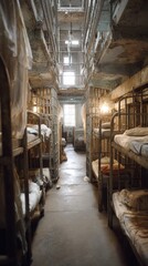 Fototapeta premium Old prison cell block with dim lighting