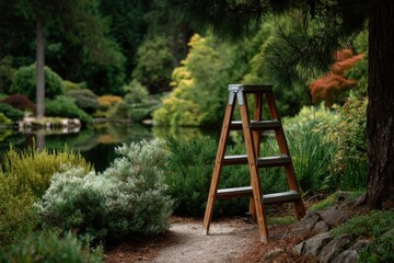 Ladder stands tall amidst a serene garden landscape reflecting tranquility and nature's beauty near the water's edge