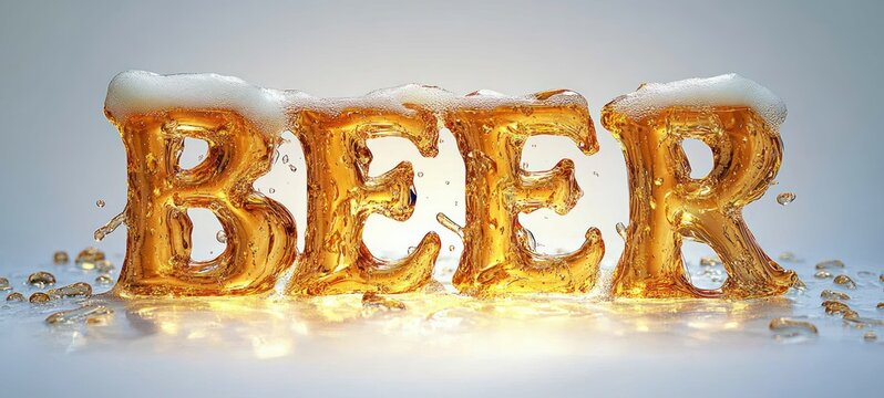 The word beer formed in golden liquid with foam and splashing droplets on a reflective surface conveying refreshment and energy