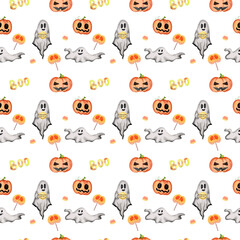 Fototapeta premium Decorative Halloween pattern featuring ghosts, pumpkins, and candy in a playful arrangement
