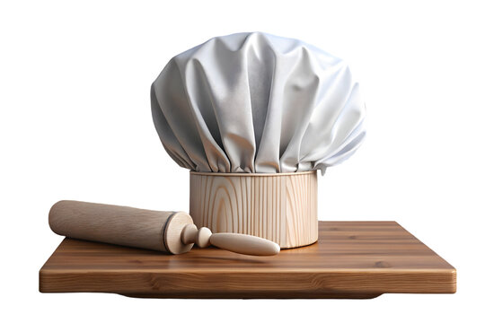 Chef hat with kitchen rolling pin on the wooden cutting board 3d rendering isolated on transparent background